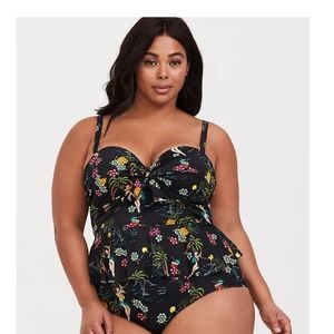 BLACK HULA GIRL TIE FRONT UNDERWIRE TANKINI TOP